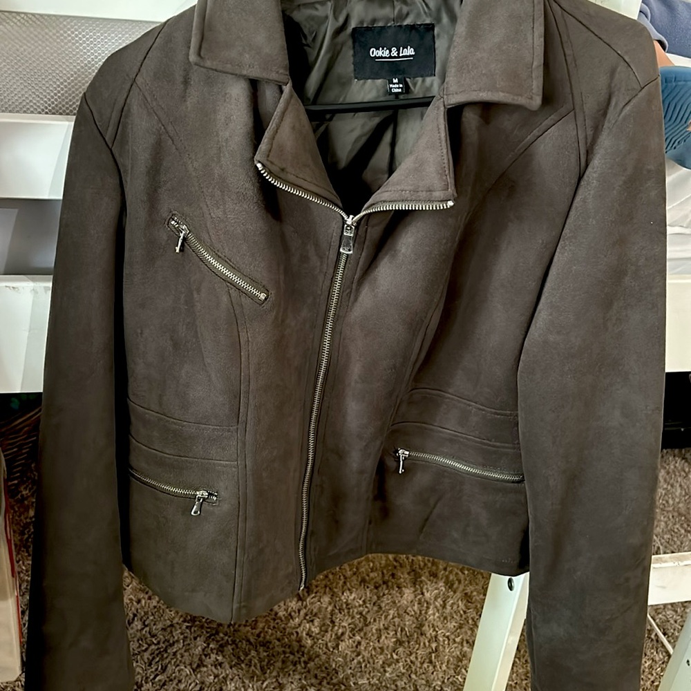 Olive Green soft faux leather zip up jacket, size M.